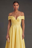 Ruched Yellow Off the Shoulder A Line Long Wedding Guest Dress