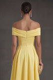 Ruched Yellow Off the Shoulder A Line Long Wedding Guest Dress