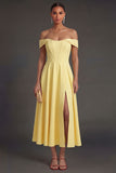 Corset Yellow Off the Shoulder A Line Long Wedding Guest Dress with Slit