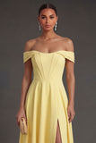 Corset Yellow Off the Shoulder A Line Long Wedding Guest Dress with Slit