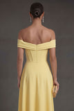 Corset Yellow Off the Shoulder A Line Long Wedding Guest Dress with Slit