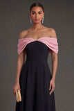 Black A Line Off the Shoulder Midi Wedding Guest Dress
