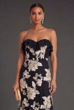 Light Blue A Line Floral Strapless Long Wedding Guest Dress