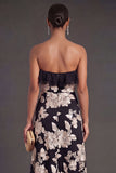 Light Blue A Line Floral Strapless Long Wedding Guest Dress