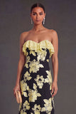 Light Blue A Line Floral Strapless Long Wedding Guest Dress