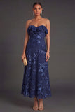 Light Blue A Line Floral Strapless Long Wedding Guest Dress