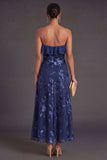 Light Blue A Line Floral Strapless Long Wedding Guest Dress