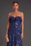 Light Blue A Line Floral Strapless Long Wedding Guest Dress