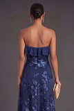 Light Blue A Line Floral Strapless Long Wedding Guest Dress