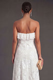 Light Blue A Line Floral Strapless Long Wedding Guest Dress