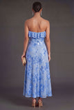 Light Blue A Line Floral Strapless Long Wedding Guest Dress