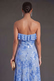 Light Blue A Line Floral Strapless Long Wedding Guest Dress
