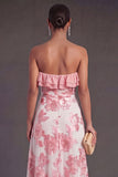 Light Blue A Line Floral Strapless Long Wedding Guest Dress