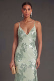 Sage Green Mermaid Floral Long Wedding Guest Dress
