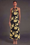 Appliqued Blue Floral Mermaid Midi Wedding Guest Dress