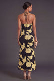 Appliqued Blue Floral Mermaid Midi Wedding Guest Dress