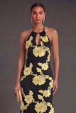 Appliqued Blue Floral Mermaid Midi Wedding Guest Dress