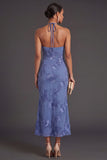 Appliqued Blue Floral Mermaid Midi Wedding Guest Dress