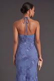 Appliqued Blue Floral Mermaid Midi Wedding Guest Dress