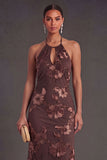 Appliqued Blue Floral Mermaid Midi Wedding Guest Dress