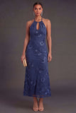 Appliqued Blue Floral Mermaid Midi Wedding Guest Dress