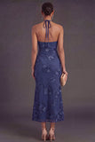 Appliqued Blue Floral Mermaid Midi Wedding Guest Dress