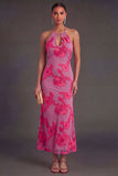 Appliqued Blue Floral Mermaid Midi Wedding Guest Dress