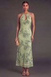 Appliqued Blue Floral Mermaid Midi Wedding Guest Dress