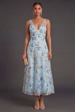 Blue Floral V Neck A Line Long Wedding Guest Dress