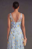 Blue Floral V Neck A Line Long Wedding Guest Dress