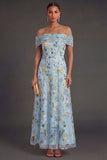 Blue Floral Off the Shoulder A Line Long Wedding Guest Dress