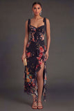 Black Floral A Line Corset Long Wedding Guest Dress with Slit