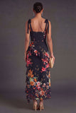 Black Floral A Line Corset Long Wedding Guest Dress with Slit