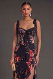 Black Floral A Line Corset Long Wedding Guest Dress with Slit
