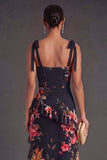 Black Floral A Line Corset Long Wedding Guest Dress with Slit