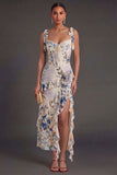 Black Floral A Line Corset Long Wedding Guest Dress with Slit