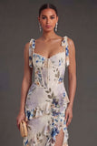 Black Floral A Line Corset Long Wedding Guest Dress with Slit
