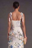 Black Floral A Line Corset Long Wedding Guest Dress with Slit