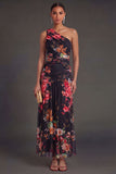 Ivory A Line Floral Ruched Long Wedding Guest Dress