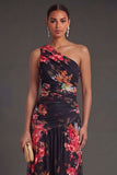 Ivory A Line Floral Ruched Long Wedding Guest Dress