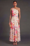 Ivory A Line Floral Ruched Long Wedding Guest Dress