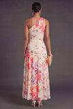Ivory A Line Floral Ruched Long Wedding Guest Dress