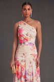 Ivory A Line Floral Ruched Long Wedding Guest Dress