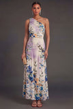 Ivory A Line Floral Ruched Long Wedding Guest Dress