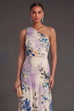 Ivory A Line Floral Ruched Long Wedding Guest Dress