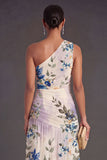 Ivory A Line Floral Ruched Long Wedding Guest Dress