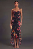 Black Floral Corset Thick Straps High Low Wedding Guest Dress