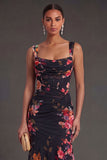 Black Floral Corset Thick Straps High Low Wedding Guest Dress