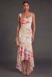 Black Floral Corset Thick Straps High Low Wedding Guest Dress