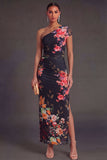 Champagne Sheath One Shoulder Ruched Long Wedding Guest Dress